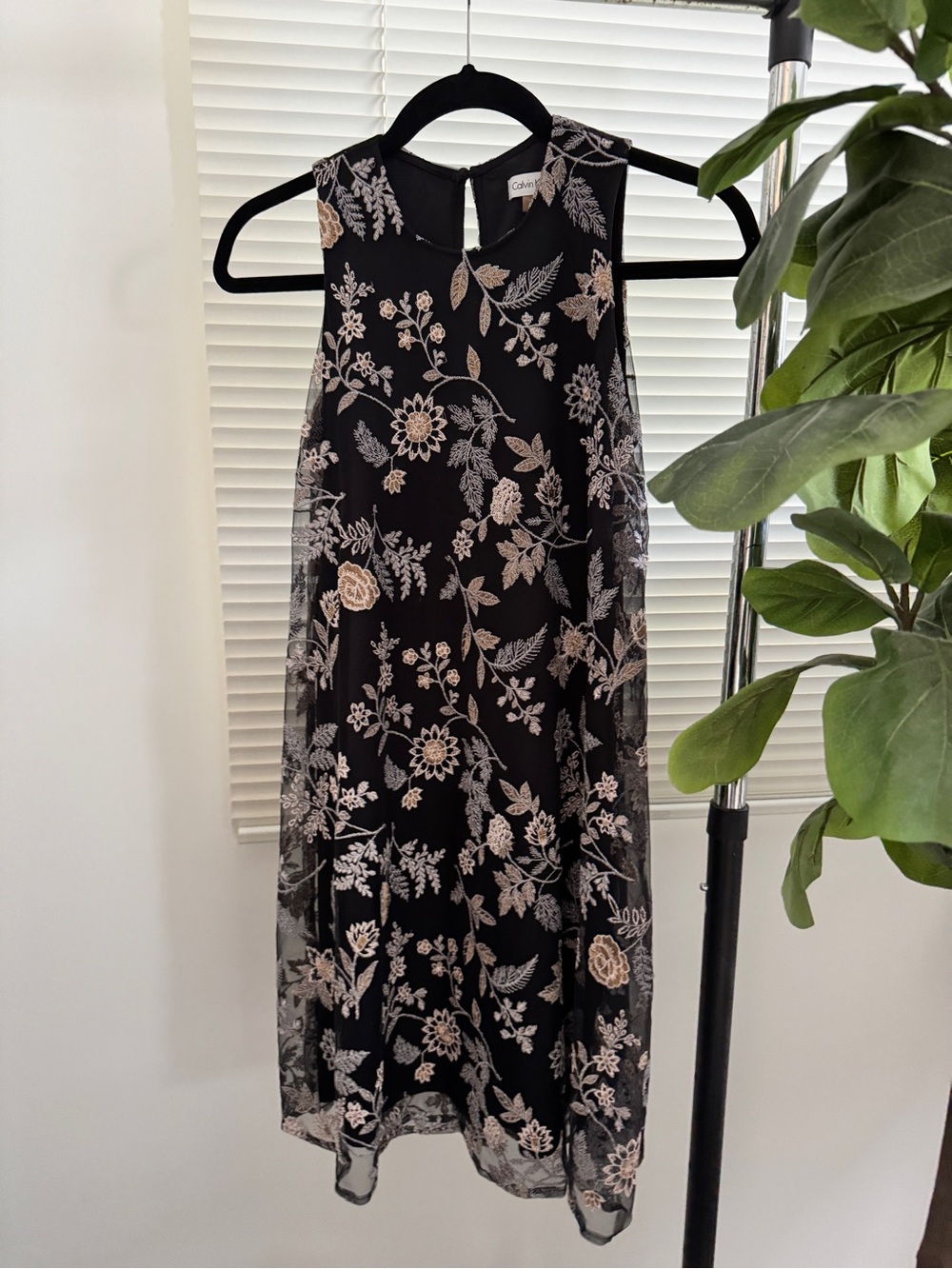 Calvin Klein Black Dress with Cream Floral Embroidery